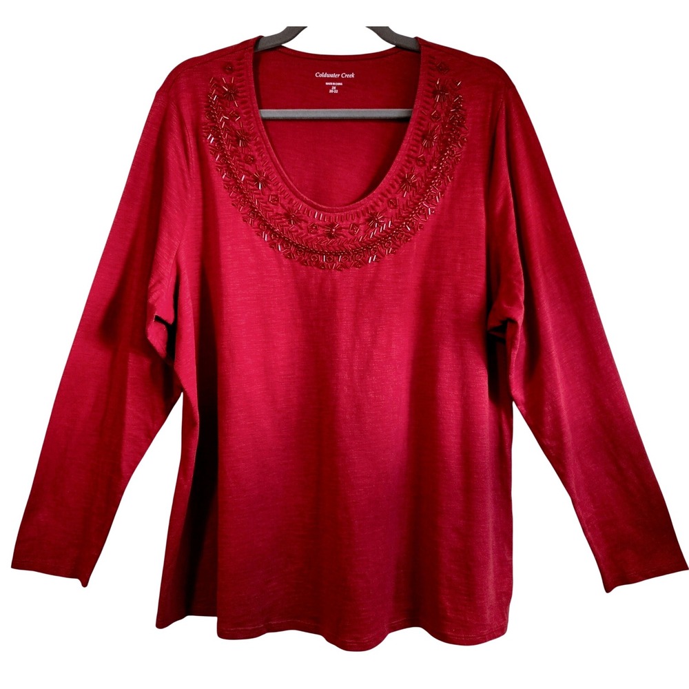 Coldwater Creek Womens 2X Red Beaded Scoop Neck Long Sleeve Cotton Slub Top